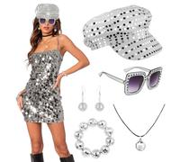 Amycute 70s Disco Hat Set, Glitter Abba Sequin Hat for Adult with Sunglasses Earring Necklace Bracelet, Abba Fancy Dress Accessories Women Disco Accessories for Theme Party Birthday Dance