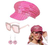 Amycute 70s Pink Sequin Disco Hat Set with Accessories Includes Disco Earrings and Sunglasses, Perfect for ABBA Party Accessories Retro 70s Themed Events (Pink)