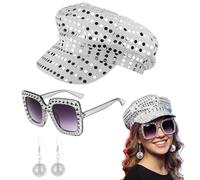 Amycute 70s Silver Sequin Disco Hat Set with Accessories Includes Disco Earrings and Sunglasses, Perfect for ABBA Party Accessories Retro 70s Themed Events (Silver)