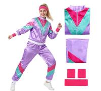 Amycute 80s 90s Retro Shell Suit Tracksuit for Men Women, Neon Disco Fancy Dress Costume with Headband & Wristbands for 80s 90d Theme Party, Hen Do, Festival Outfit(Purple,M)
