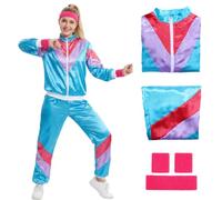 Amycute 80s 90s Retro Shell Suit Tracksuit for Men Women, Neon Disco Fancy Dress Costume with Headband & Wristbands for 80s 90d Theme Party, Hen Do, Festival Outfit(Blue,L)