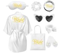 Amycute Bride Gifts Bride Dressing Gown Slippers Set - Include White Robe Canvas Bag Slippers Sleep Eye Mask Hair Scrunchie Mirror and Sunglasses for Wedding Bridal Shower Hen Party Gifts