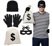 Amycute Celvibe Robber Costume Men Adults 4 Pieces Black and White Predator Costume Accessories with Hat, Black Mask, Gloves, Bag, Carnival Halloween Party Cosplay (Style A, Adult)