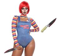 Amycute Chucky Costume Women Killer Doll Fancy Dress Scary Halloween Outfit | Horror Role-Play Outfit with Striped Long-Sleeve Top, Printed Pinafore Dress & Prop Knife for Halloween Theme Party Dress-Up