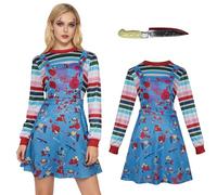 Amycute Chucky Costume Women Killer Doll Fancy Dress Scary Halloween Outfit | Horror Role-Play Outfit with Striped Long-Sleeve Top, Printed Pinafore Dress & Prop Knife for Halloween Theme Party Dress-Up