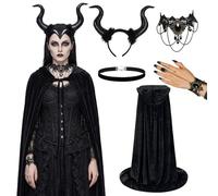 Amycute Halloween Costume Women's Devil Set - Evil Queen Cape with Hood, Demon Horn Headband for Carnival Masquerade Cosplay