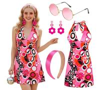 Amycute Hippie Disco Costume Set for Women, 60s 70s Retro Halter Neck Dress with Headband, Earrings & Sunglasses, 60s 70s Flower Power Outfit for Fancy Dress(Pink Floral,M)