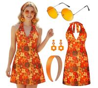Amycute Hippie Disco Costume Set for Women, 60s 70s Retro Halter Neck Dress with Headband, Earrings & Sunglasses, 60s 70s Flower Power Outfit for Fancy Dress