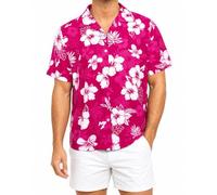 Amycute Men's Hawaiian Button Down Shirt Short Sleeve, Tropical Floral Print Regular Fit Beach Shirt for Stag Do Festival Pub (UK, Alpha, XXL, Regular, Hot Pink)