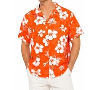 Amycute Men's Hawaiian Button Down Shirt Short Sleeve, Tropical Floral Print Regular Fit Beach Shirt for Stag Do Festival Pub (UK, Alpha, XXL, Regular, Orange)