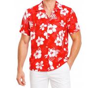 Amycute Men's Hawaiian Button Down Shirt Short Sleeve, Tropical Floral Print Regular Fit Beach Shirt for Stag Do Festival Pub Red