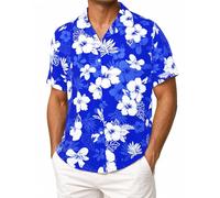 Amycute Men's Hawaiian Button Down Shirt Short Sleeve, Tropical Floral Print Regular Fit Beach Shirt for Stag Do Festival Pub (UK, Alpha, S, Regular, Blue)