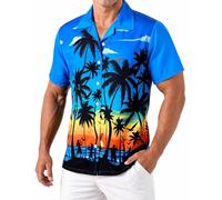 Amycute Men's Hawaiian Shirt Short Sleeve Button Down, Palm Tree Sunset Print Tropical Beach Shirt for Stag Do Festival Pub Holiday (UK, Alpha, L, Regular, Regular, Blue)