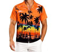 Amycute Men's Hawaiian Shirt Short Sleeve Button Down, Palm Tree Sunset Print Tropical Beach Shirt for Stag Do Festival Pub Holiday