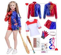 Amycute Quinn Cosplay Costumes for Adults, Girls Villain Suicide Costume Kit Includes Jacket, T-Shirt, Shorts and Gloves for Halloween, Carnival, Cosplay (Children, 130)