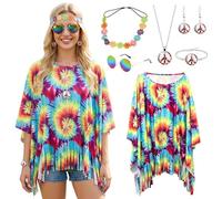 Amycute Women's 60s 70s Hippie Costume Set | Fringe Poncho Cape with Hippie Accessories Headband Sunglasses Peace Sign Jewelry for Retro Party Halloween Music Festival