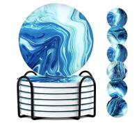 AmyFei Ceramic Marble Coasters, 6 Sets of Round Tea Coasters with Holder on Dark Blue White, Durable Cup Coaster for Coffee for Table Protection, Beer Coasters set for Kinds of Mugs and Cups(4 Inches)