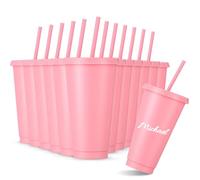 Amyhill 12 Pcs Reusable Cups with Lids and Straws 24 oz Plastic Tumbler Iced Coffee Cup Travel Mug for Smoothie Juices Birthdays Sleepover Party Supplies for Girls (Pink)