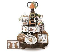 Amyhill 14 Pcs Easter Tiered Tray Decor Farmhouse Wooden Bunny Rabbits Carrot Signs Rustic Easter Decoration for Home Indoor Kitchen
