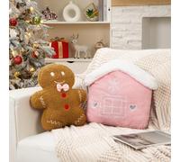 Amyhill 2 Pcs Christmas Throw Pillows Plush Teddy Xmas Gingerbread Men Gingerbread House Shaped Decorative Pillow for Christmas Winter Party Outdoor Bedroom Cushion Decoration