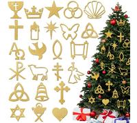 Amyhill 24 24 Christmas Gold Ornaments Chrismon Set Christian Religious Ornaments Nativity Xmas Tree Hanging Wooden Decorations with Hanging Ropes Bulk Styles Decorations for Garden Outdoor Christian