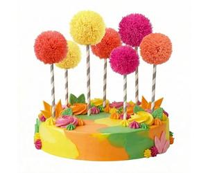 Amyhill 24 Pcs Fluffy Pom Pom Cake Toppers Multicolor Ball Cake Toppers Bright Yellow Coral Orange Hot Pink Cupcakes Decoration for Birthday Festive Read Across America Week Party Displays