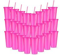 Amyhill 24 Pcs Reusable Cups with Lids and Straws 24 oz Glitter Iced Coffee Tumbler Plastic Travel Mug Cup for Smoothie Juices Birthday Sleepover Party Supplies for Girls(Hot Pink, 24 Pcs)