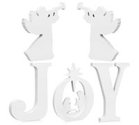 Amyhill 5 Pcs Christmas Joy Wooden Decorations White Joy Angel Fireplaces Table Sign Set Xmas Home Desk Home Decor for Christmas Winter Holiday Decorations