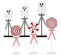 Amyhill 6 Pcs Halloween Table Decorations Wooden Ghost Candy Table Signs Decorative Rustic Stand Tabletop Centerpiece Tiered Tray Decor for Halloween Chrsitmas Home Office Mantel Shelf Party Supplies