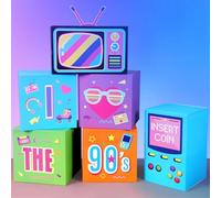 Amyhill 6 Pcs Large 90s Party Decorations Hip Hop Favor Set Paper Party Boxes Novelty Disco Theme Decoration for Retro 1980s 1990s Theme Birthday Neon Disco Music Supplies