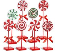 Amyhill 8 Pcs Christmas Candy Wooden Tabletop Decor Glitter Xmas Candy Cane Table Centerpiece Sign for Christmas Tiered Tray Home Desk Office Party Decoration(Cute,Red,Green)