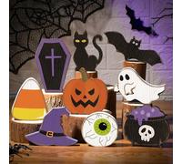 Amyhill 9 Pcs Halloween Table Decorations Ghost Tiered Tray Decorations Set Indoor Wooden Halloween Decor Sign Ghost Bat Witch Hat Black Cat Pumpkin Mummy for Party Home Mantel Shelf Desk Display
