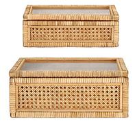 Amyhill Set of 2 Rattan Box Rattan with Glass Lids Decorative Woven Cane Boxes Multipurpose Square Basket for Home Shelf Organizer(15.4 x 9.5 x 7.1 Inch, 12.6 x 6.7 x 4.3 Inch)