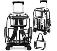 Amylove 17'' Rolling Clear Backpack Set Heavy Duty Bags with Pockets Wheeled See Through Backpack, Black, Stylish