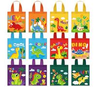 Amylove 24pcs Halloween Dinosaur Canvas Tote Bag Bulk Reusable Candy Grocery Shopping Gift Mini Canvas Bags 12 Patterns Iguanodon Pterosaur Triceratops Design for Halloween Party Supplies Favors
