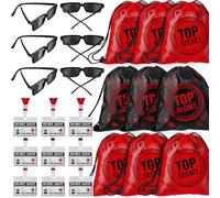 Amylove 36 Pcs 12 Sets Secret Theme Party Favors Include 12 Secret Agent Name Tags 12 Top Secret Theme Drawstring Bags 12 Pairs of See Behind You Sunglasses for Escape Room Detective Party Supplies