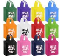 Amylove 48 Pcs Jesus Loves You Gift Bags Bulk Reusable Christian Religious Gift Bag with Handles Non Woven 9.84 x 11.81 Inch Candy Treat Tote for Easter VBS Church Sunday School Jesus Birthday