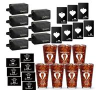 Amylove 7 Sets Groomsmen Gifts Set Wedding Proposal Gift 16 oz Beer Glass Cup Toiletry Bag and Bottle Opener Cap for Best Man PU Leather Cosmetic Bags with Zipper Greeting Card for Wedding(Black)