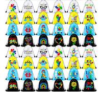 Amylove Drawstring Backpack 11.8'' Ribbon Polyester Bag Sport Gym Sackpack for Charity Party Gift Travel Storage Accessories, Autism Awareness, 11.8 x 9.8 inches