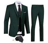 Amyox Men's Slim Fit 3 Piece Suit Two Button Business Wedding Dress Tux Suit Set Jacket Vest Pants with Tie, Dark Green, S