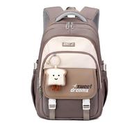Amythe Girls School Backpack, Large School Bag for Teen Girls Elementary Middle School, Water-Resistant Children's BookBag with Cute Pendant, Casual Rucksack for Travel, Brown