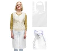 AMZ Plastic Disposable Aprons for Adults 28 x 55, Polyethylene White Aprons for Adults 100 Pack, Waterproof and Light 1 Mil Disposable Plastic Aprons for Adults with Neck Straps, Waist Ties