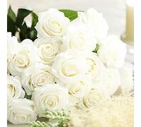 Amzali Artificial Flowers, Real Looking Blush Fake Rose Long Stem Silk Artificial Rose Flowers Home Decor for Bridal Wedding Bouquet, Centerpieces Birthday Flower Party Garden floral Arrangement White