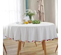AMZALI Pompom Tassel Tablecloth Cotton Linen Dust-Proof Table Cover for Kitchen Picnic Dinning Tabletop Home Decoration(Round 60 Inch,Cream White)