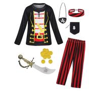 AmzBarley Pirate Dress up Kids Boys Halloween Costume Shirt Pants Outfit Sword Party School Event Holiday Movie Role Cosplay Clothes Black Age 8-9 Years 140