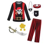 AmzBarley Pirate Dress up Kids Boys Halloween Costume Shirt Pants Outfit Sword Party School Event Holiday Movie Role Cosplay Clothes Red Age 8-9 Years 140