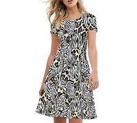 Amzbeauty Abstract Tiger Leopard Print Dress for Women Funny Heart Graphic A-Line Midi Summer Casual Dress Black White