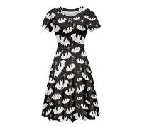 Amzbeauty Adult Halloween Costumes for Women 2023 Moons Stars Bats Print Black A Line Midi Swing Dresses Dress Party Dresses