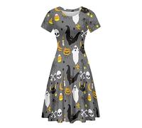 Amzbeauty Adult Womens Halloween Costumes 2023 Women A Line Mini Dress Spider Pumpkin Ghost Print Party Skater Dress Grey