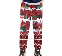 Amzbeauty Boys Christmas Sweatpants Black Cat Printed Red Long Sweatpants for Xmas Party Unisex Children Baggy Lounge Pants
